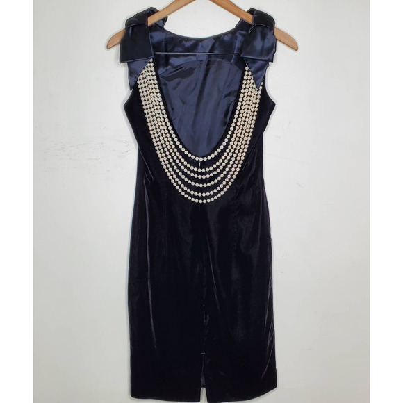 Vintage Cache Black Velvet Evening Dress Pearl Strand Back Satin Bow, sz 4 - Picture 8 of 8